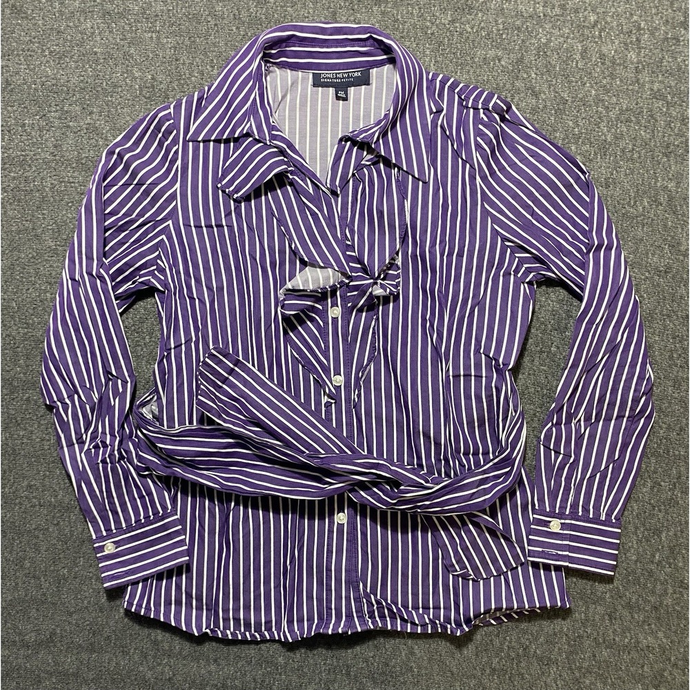 Jones NY Signature Top Striped Ruffled Logo Button Up Shirt Tie Belt Size PM
